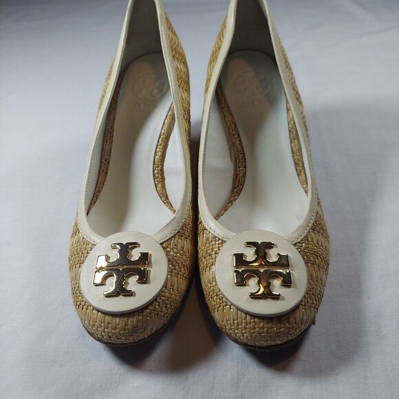 Tory Burch Sally Raffia & Leather Wedges Size 4 - Picture 2 of 13